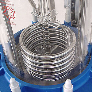 Glass stirrers and internal cooling coil