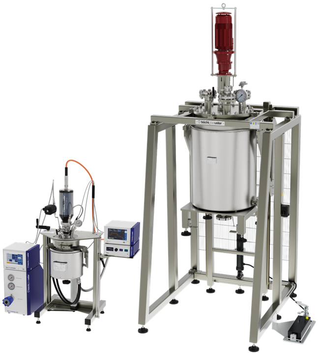 3 liter lab pressure reactor with electrical heating paired with a gas dosing unit (bpc 2) next to a 250 liter production pressure reactor