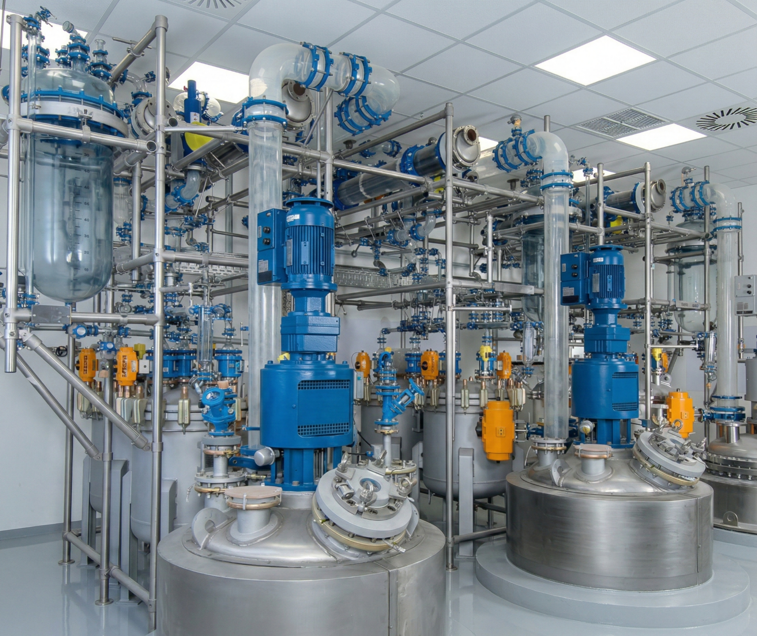 cGMP facility for API production with DIN glass lined eactors and glass distillation overhead