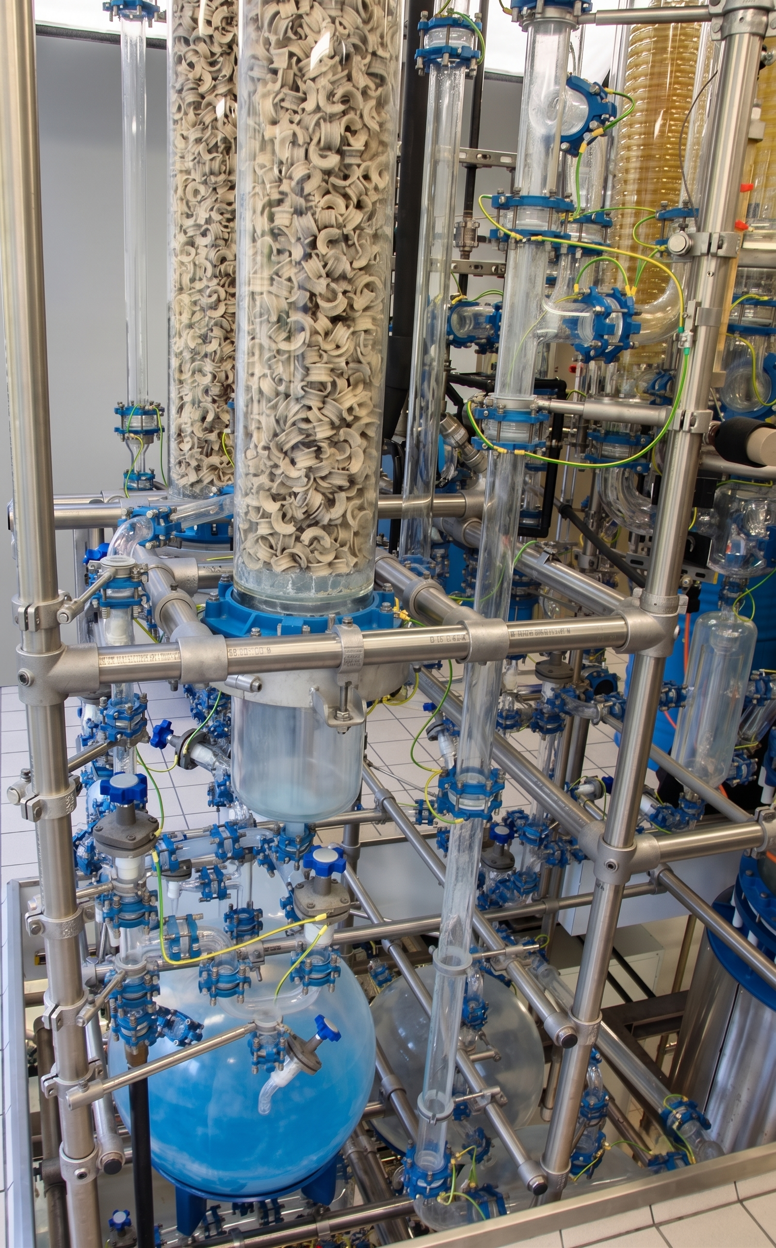 An overview of the complete gas scrubbing pilot plant. Built entirely from corrosion resistant borosilicate glass and mounted on a stainless steel frame, the system features twin packed columns, integrated glass piping, and a round-bottom solvent receiving vessel at the base. This setup is ideal for process development, scale up studies, and gas purification applications.